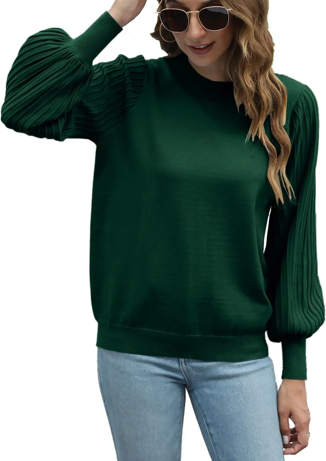 Ybenlow Women's 2024 Casual Crewneck Pleated Lantern Long Sleeve Pullover Sweater Loose Ribbed Knit Jumper Tops