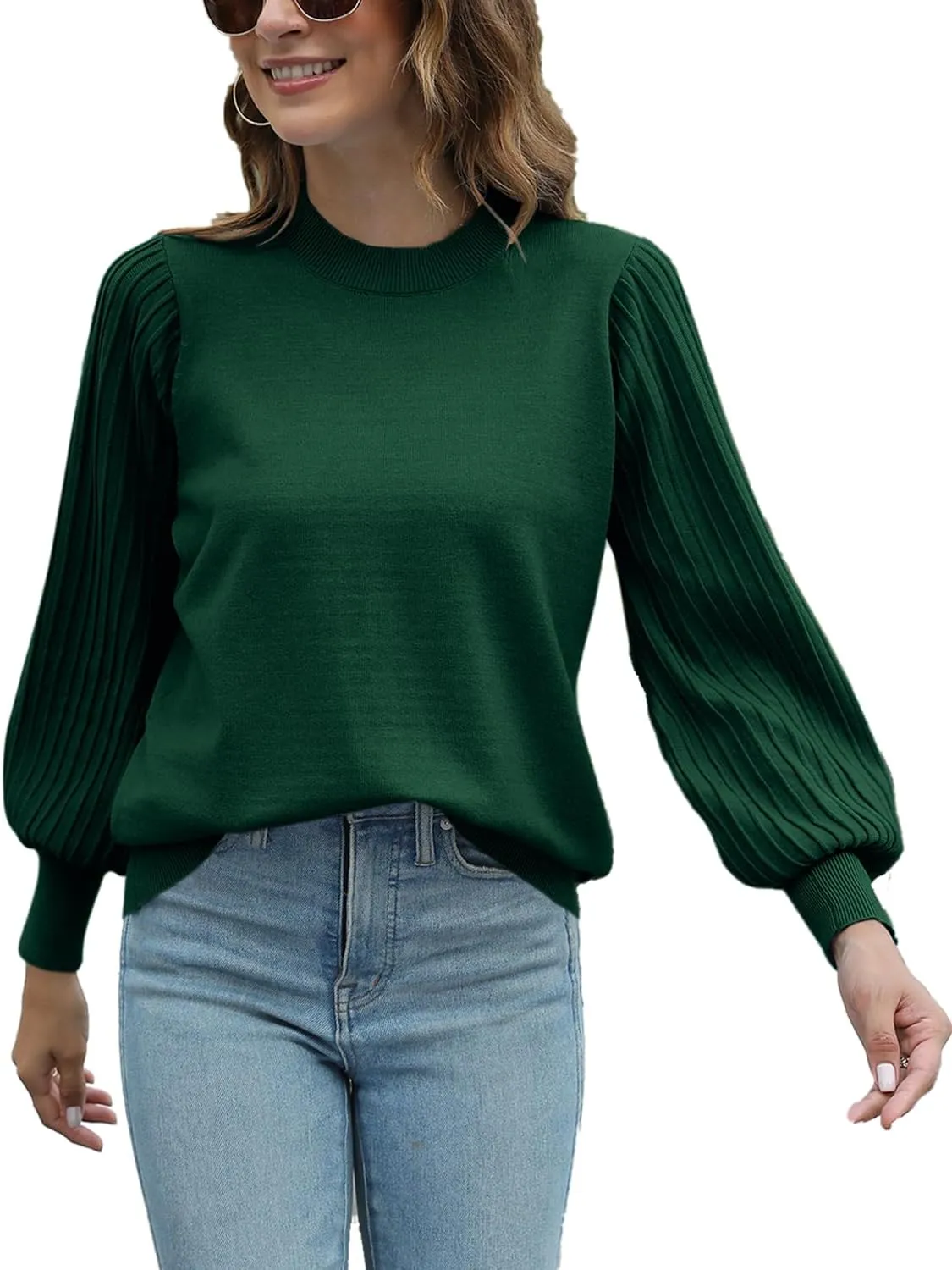 Ybenlow Women's 2024 Casual Crewneck Pleated Lantern Long Sleeve Pullover Sweater Loose Ribbed Knit Jumper Tops