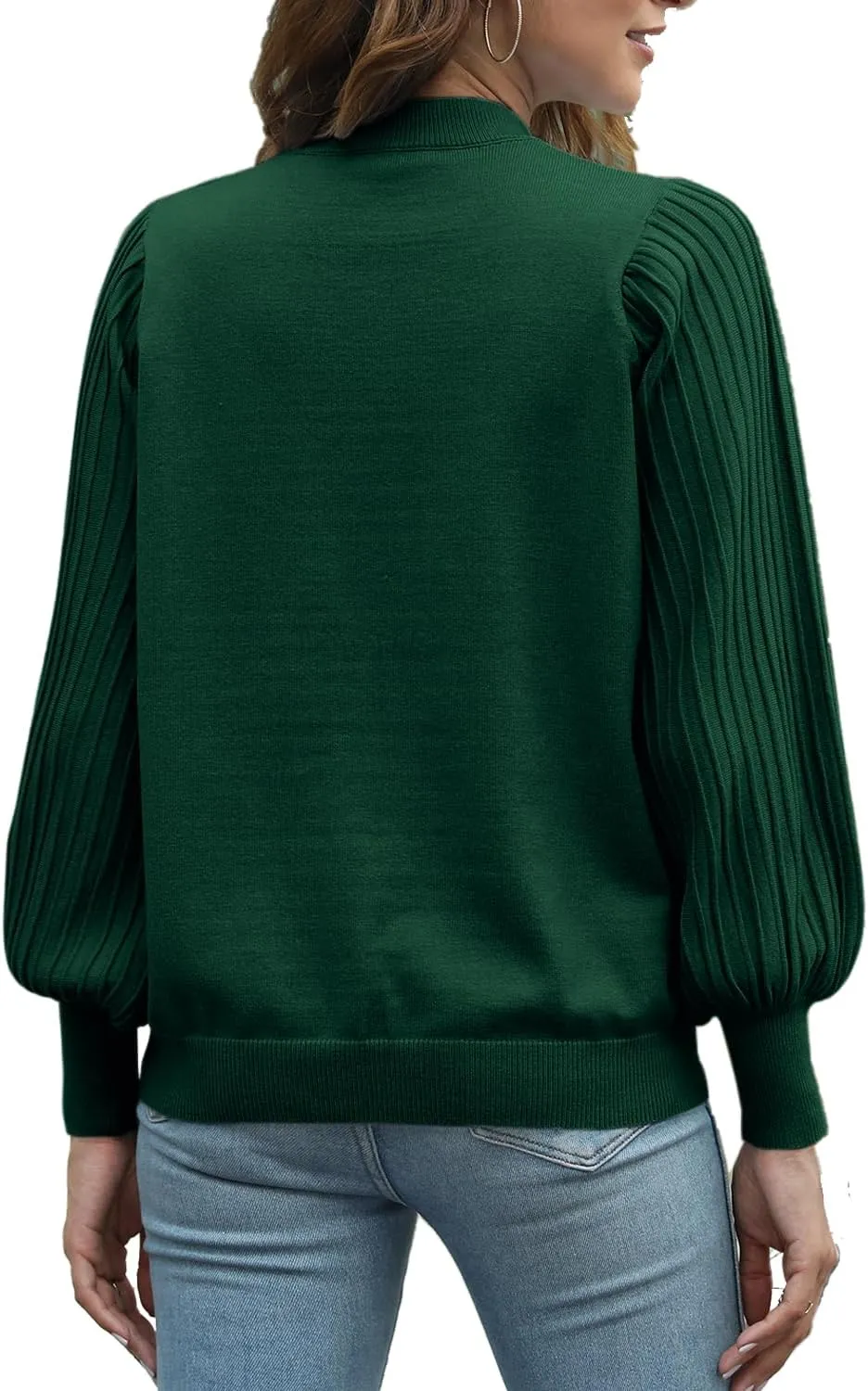 Ybenlow Women's 2024 Casual Crewneck Pleated Lantern Long Sleeve Pullover Sweater Loose Ribbed Knit Jumper Tops