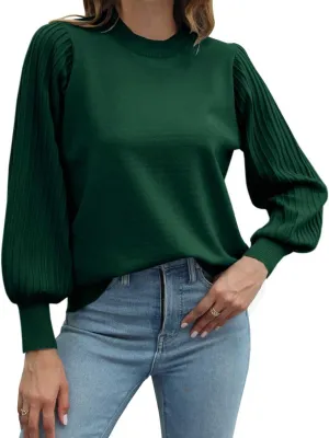 Ybenlow Women's 2024 Casual Crewneck Pleated Lantern Long Sleeve Pullover Sweater Loose Ribbed Knit Jumper Tops