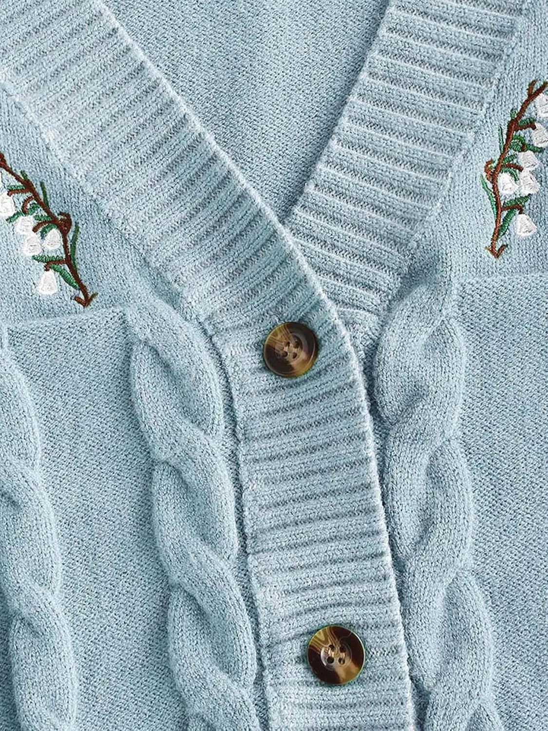 ZAFUL Women's Button Up Embroidered Cable Knit Cardigan V Neck Long Sleeve Cropped Sweater