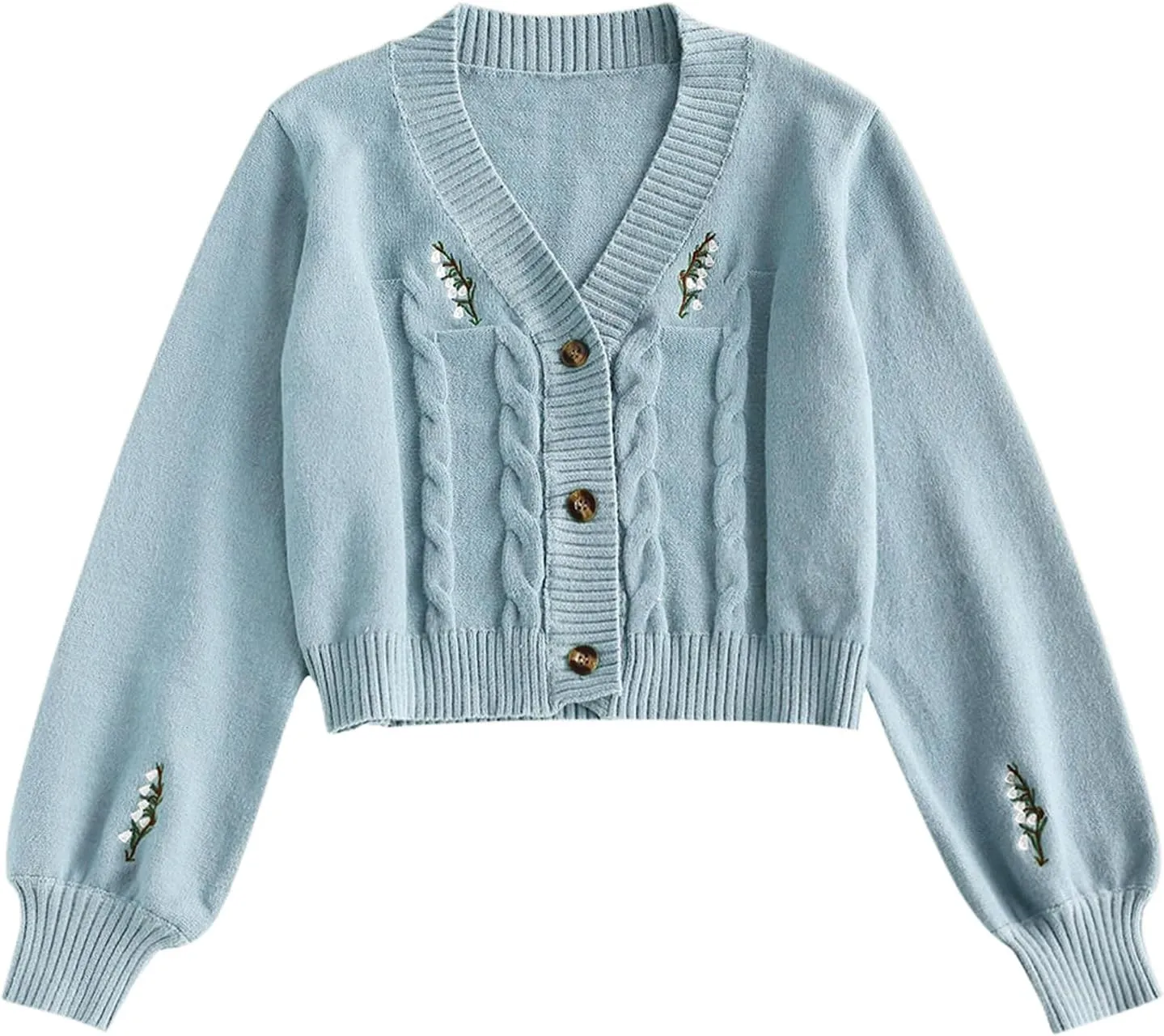 ZAFUL Women's Button Up Embroidered Cable Knit Cardigan V Neck Long Sleeve Cropped Sweater