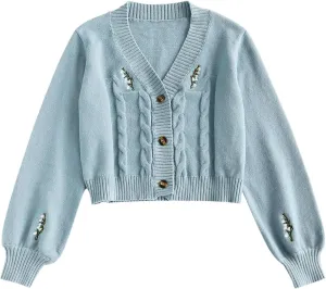 ZAFUL Women's Button Up Embroidered Cable Knit Cardigan V Neck Long Sleeve Cropped Sweater