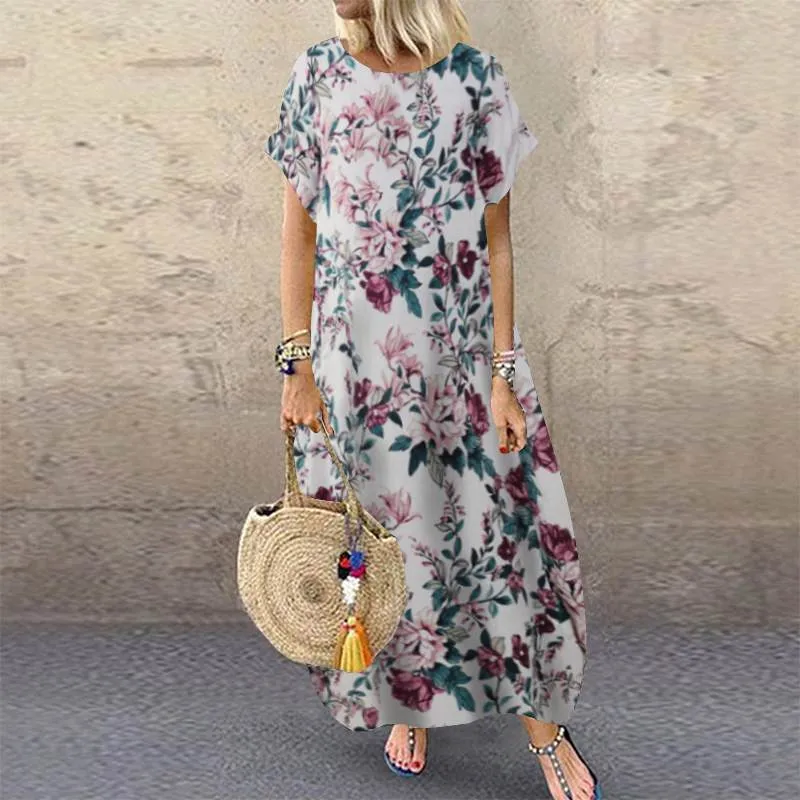 ZANZEA Sommer Strandkleid Damen bedrucktes Sommerkleid Lässig Kurzarm Maxi Vestidos  Blumenrobe